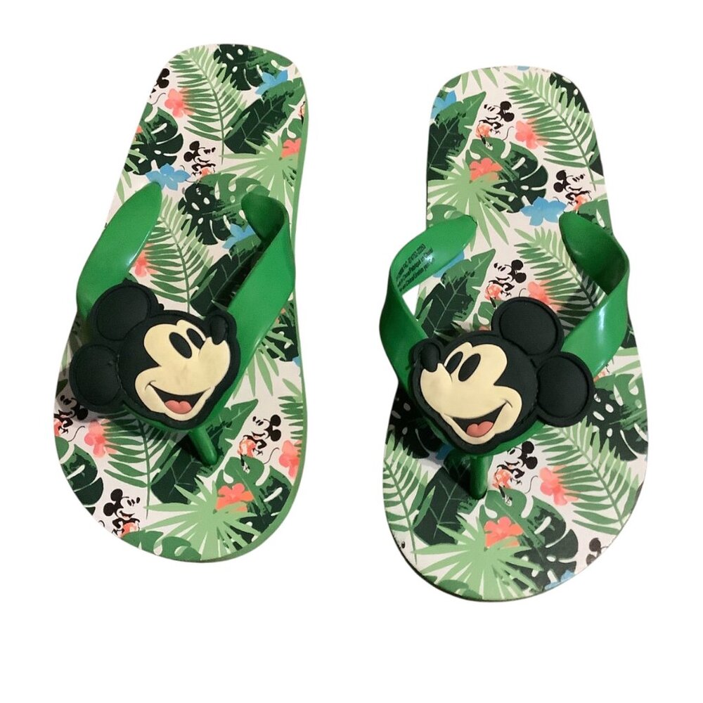 Disney Mickey Mouse Green Flip Flops Tropical Print Kids Size 11/12 Rubber Sole